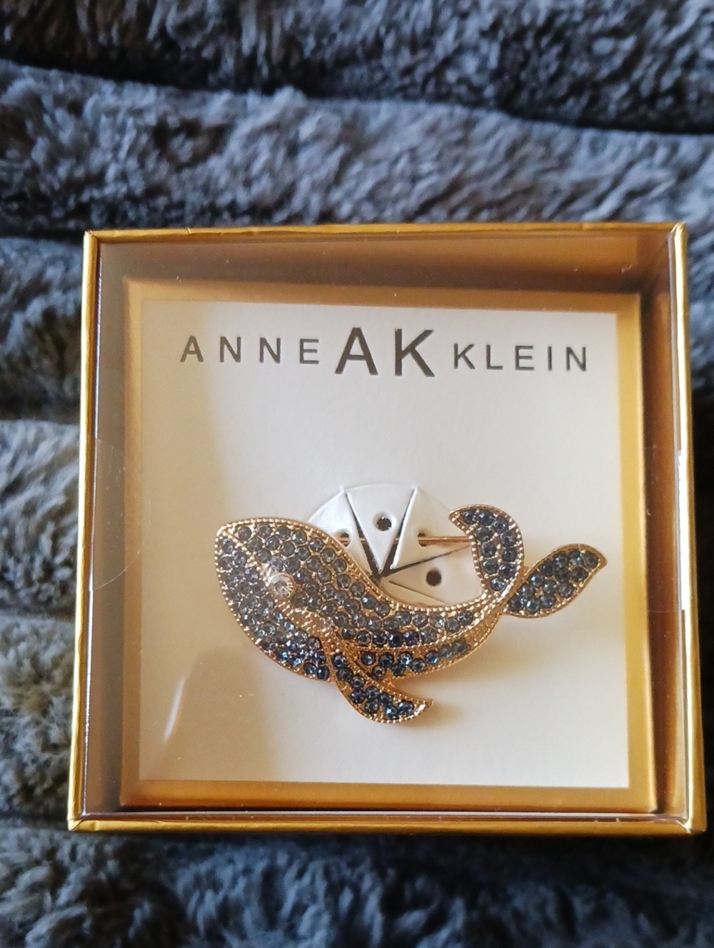 Anne Klein Gold-Tone Whale Brooch with Blue Crystals